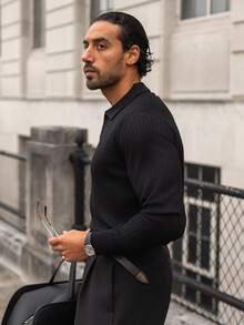 YOUESAWY YOUESAWY Men's Solid Color Ribbed Vertical Ribbed Knit Sweater, Minimalist Versatile Long Sleeve Top - Black - View 4