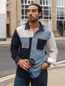 YOUESAWY YOUESAWY Men's Corduroy Multi-Color Contrast Patchwork Design Casual Fashion Minimalist Commute Street Style Summer New Long Sleeve Shirt - Baby Blue - View 3