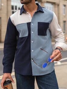 YOUESAWY YOUESAWY Men's Corduroy Multi-Color Contrast Patchwork Design Casual Fashion Minimalist Commute Street Style Summer New Long Sleeve Shirt - Baby Blue - View 5