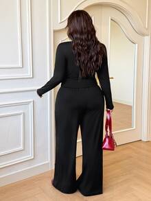 GalTyme Autumn/Winter Outing Date Casual Daily Party Back To School Casual Commute Swan Neck Asymmetrical Ruched Element Long Sleeve T-Shirt Paired With Long Flare Pants Black High Elastic Knit Plus Size 2-Piece Set - Black - View 2