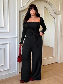 GalTyme Autumn/Winter Outing Date Casual Daily Party Back To School Casual Commute Swan Neck Asymmetrical Ruched Element Long Sleeve T-Shirt Paired With Long Flare Pants Black High Elastic Knit Plus Size 2-Piece Set - Black - View 4