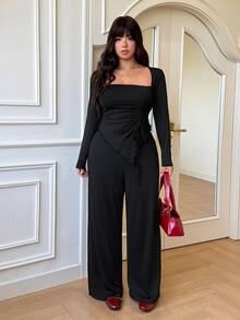 GalTyme Autumn/Winter Outing Date Casual Daily Party Back To School Casual Commute Swan Neck Asymmetrical Ruched Element Long Sleeve T-Shirt Paired With Long Flare Pants Black High Elastic Knit Plus Size 2-Piece Set - Black - View 1