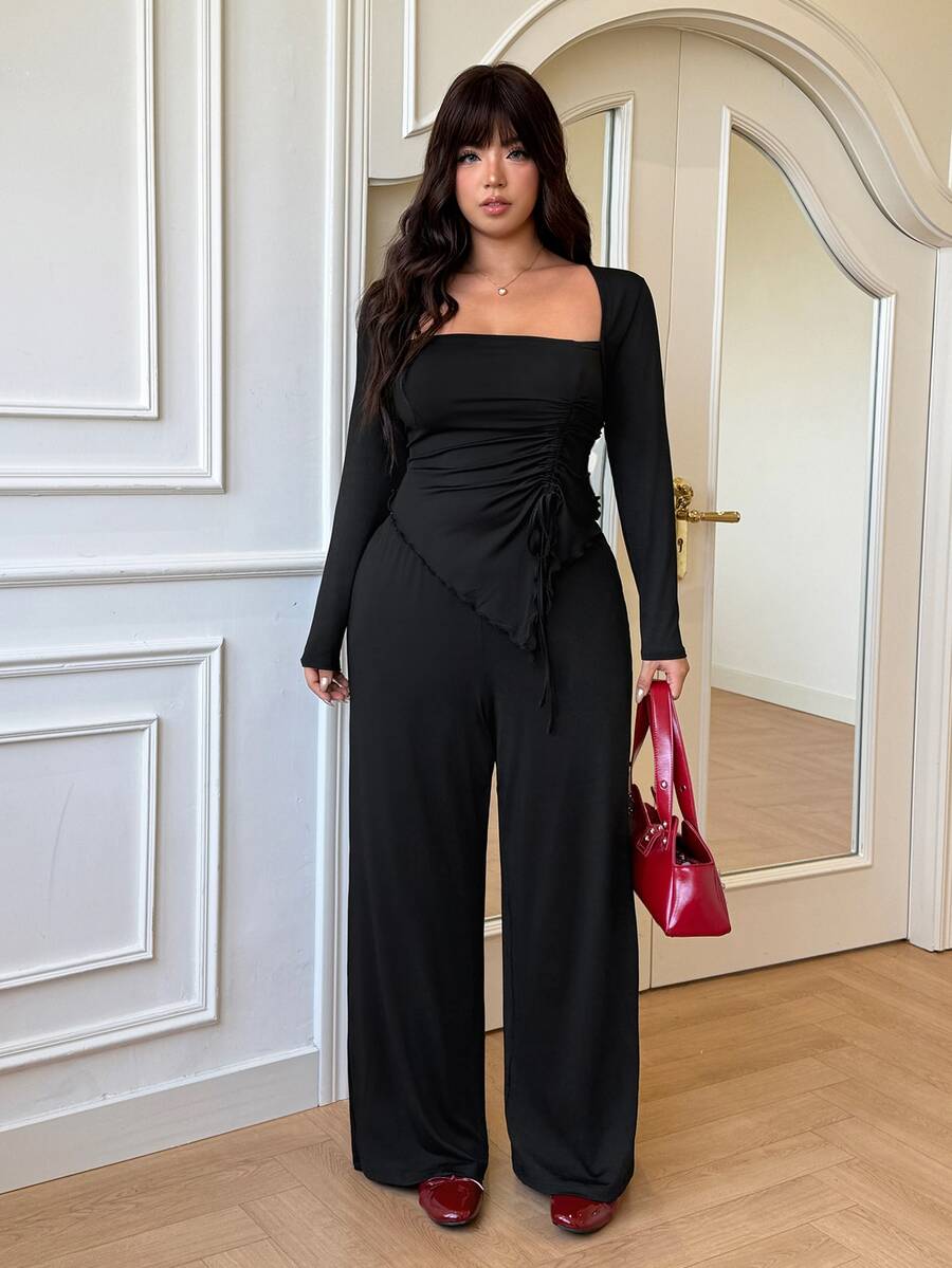GalTyme Autumn/Winter Outing Date Casual Daily Party Back To School Casual Commute Swan Neck Asymmetrical Ruched Element Long Sleeve T-Shirt Paired With Long Flare Pants Black High Elastic Knit Plus Size 2-Piece Set - Black - View 1