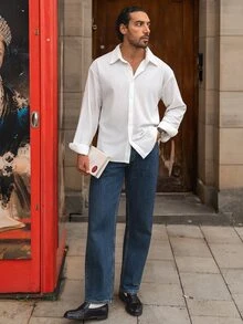 YOUESAWY YOUESAWY Men's Casual Fashionable Daily Wear Versatile Striped Shirt, Fall, Long Sleeve Top - White - View 3