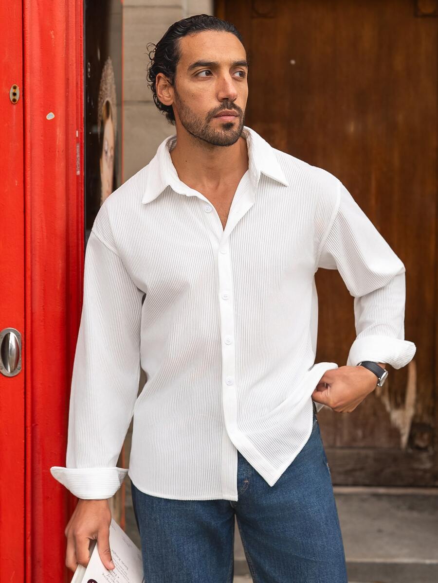 YOUESAWY YOUESAWY Men's Casual Fashionable Daily Wear Versatile Striped Shirt, Fall, Long Sleeve Top - White - View 1
