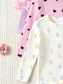 SHEIN (Blind Box Series 7 Sets Randomly Sent 1 Set) 2pcs/Set Baby Girl Knit Crew Neck Long Sleeve Leggings Set, White Pink Purple Cartoon Cat Colorful Flower Ballet Girl Star Heart Butterfly Print Pattern, Simple Casual Fashion Comfortable Soft Loungewear For Spring Autumn - Multicolor - View 4