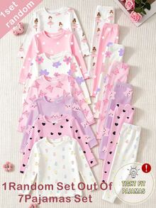 SHEIN (Blind Box Series 7 Sets Randomly Sent 1 Set) 2pcs/Set Baby Girl Knit Crew Neck Long Sleeve Leggings Set, White Pink Purple Cartoon Cat Colorful Flower Ballet Girl Star Heart Butterfly Print Pattern, Simple Casual Fashion Comfortable Soft Loungewear For Spring Autumn - Multicolor - View 2