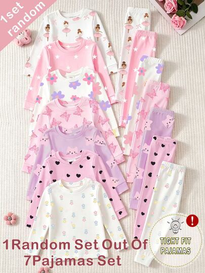 SHEIN (Blind Box Series 7 Sets Randomly Sent 1 Set) 2pcs/Set Baby Girl Knit Crew Neck Long Sleeve Leggings Set, White Pink Purple Cartoon Cat Colorful Flower Ballet Girl Star Heart Butterfly Print Pattern, Simple Casual Fashion Comfortable Soft Loungewear For Spring Autumn