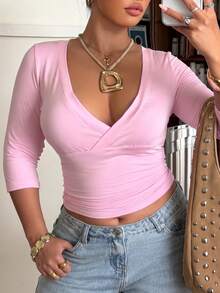 Muchica Plus Size Sweet Versatile Criss-Cross Pleated T-Shirt For Daily Wear - Pink - View 6