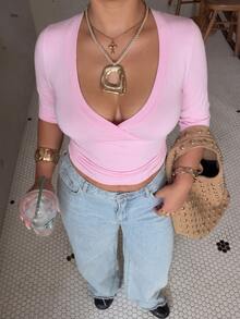 Muchica Plus Size Sweet Versatile Criss-Cross Pleated T-Shirt For Daily Wear - Pink - View 8