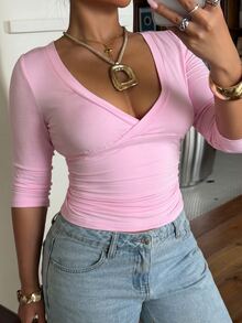 Muchica Plus Size Sweet Versatile Criss-Cross Pleated T-Shirt For Daily Wear - Pink - View 3