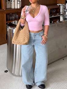 Muchica Plus Size Sweet Versatile Criss-Cross Pleated T-Shirt For Daily Wear - Pink - View 9