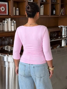 Muchica Plus Size Sweet Versatile Criss-Cross Pleated T-Shirt For Daily Wear - Pink - View 2