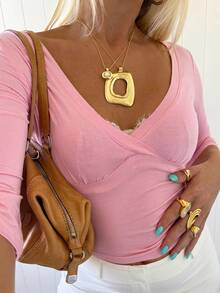 Muchica Plus Size Sweet Versatile Criss-Cross Pleated T-Shirt For Daily Wear - Pink - View 5
