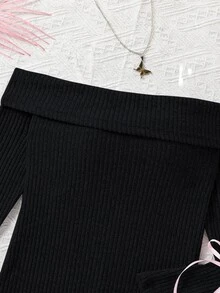 SHEIN Elladie kids Tween Girls Cold Shoulder Long Sleeve Rib-Knit Romper Flounce Bell Sleeve Bow Decor Casual Fitted Romper For Autumn - Black - View 5