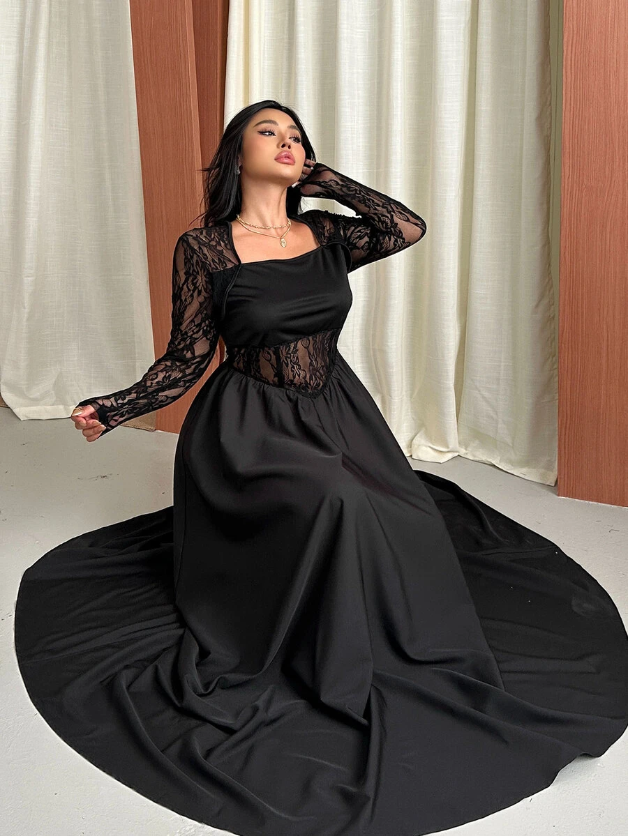 GalTyme Plus Size Women's Contrast Lace Square Neck Long Sleeve Elegant Dress Fall - Black - View 1