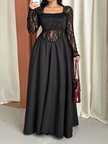 GalTyme Plus Size Women's Contrast Lace Square Neck Long Sleeve Elegant Dress Fall - Black - View 3