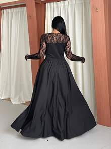 GalTyme Plus Size Women's Contrast Lace Square Neck Long Sleeve Elegant Dress Fall - Black - View 2