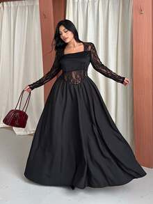 GalTyme Plus Size Women's Contrast Lace Square Neck Long Sleeve Elegant Dress Fall - Black - View 5