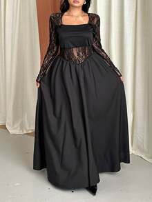 GalTyme Plus Size Women's Contrast Lace Square Neck Long Sleeve Elegant Dress Fall - Black - View 4