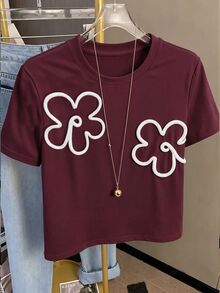 Resyla 女款夏季休閒可愛 3D 花朵裝飾 T-shirt 早午餐風 白色與酒紅色 - 酒紅色 - 查看 5