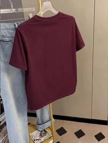 Resyla 女款夏季休閒可愛 3D 花朵裝飾 T-shirt 早午餐風 白色與酒紅色 - 酒紅色 - 查看 2