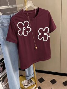 Resyla 女款夏季休閒可愛 3D 花朵裝飾 T-shirt 早午餐風 白色與酒紅色 - 酒紅色 - 查看 3
