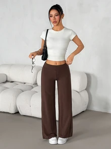 SHEIN PETITE 女款休閒百搭寬鬆長褲，適合辦公與通勤 - 咖啡棕 - 查看 7