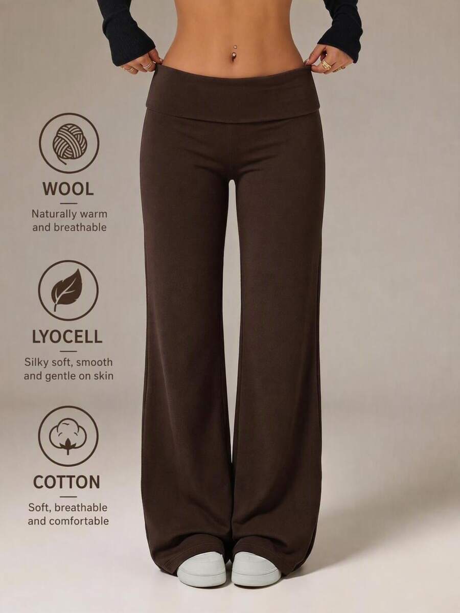 SHEIN PETITE Women's Casual Versatile Loose Long Pants For Office And Commute - Coffee Brown - View 1