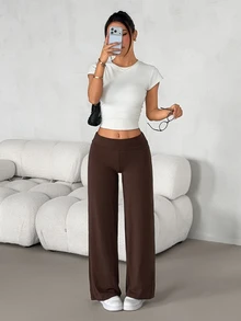 SHEIN PETITE 女款休閒百搭寬鬆長褲，適合辦公與通勤 - 咖啡棕 - 查看 10