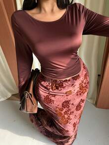 GalTyme Plus Size Elegant Commuter Solid Color Flare Sleeve Top & Floral Flocked Mermaid Skirt 2 Pieces Set Fall - Multicolor - View 4