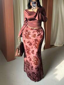 GalTyme Plus Size Elegant Commuter Solid Color Flare Sleeve Top & Floral Flocked Mermaid Skirt 2 Pieces Set Fall - Multicolor - View 7