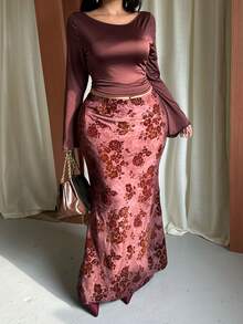 GalTyme Plus Size Elegant Commuter Solid Color Flare Sleeve Top & Floral Flocked Mermaid Skirt 2 Pieces Set Fall - Multicolor - View 3
