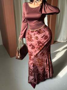 GalTyme Plus Size Elegant Commuter Solid Color Flare Sleeve Top & Floral Flocked Mermaid Skirt 2 Pieces Set Fall - Multicolor - View 5