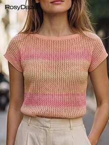 GlowEve Women's Gradient Color Round Neck Short Sleeve Casual Knit Top - Coral Pink - View 1