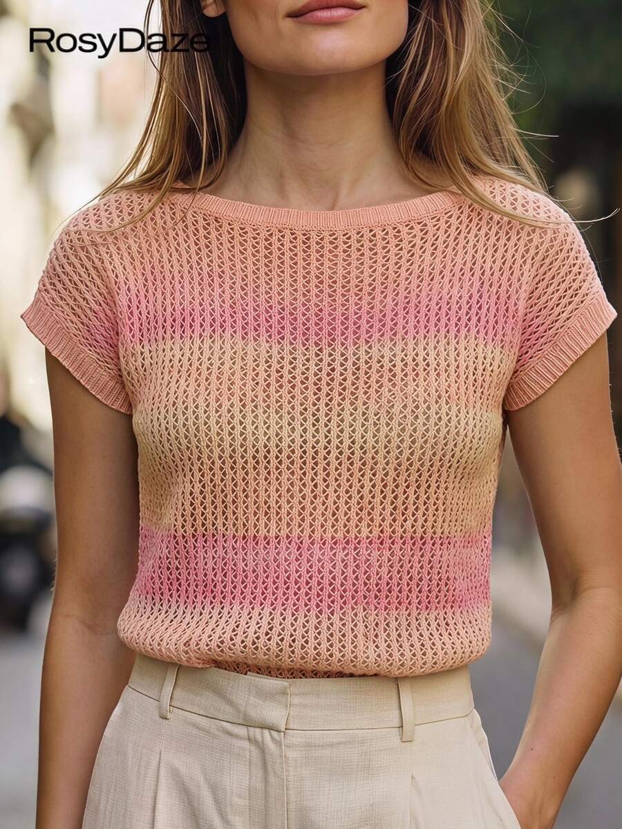 GlowEve Women's Gradient Color Round Neck Short Sleeve Casual Knit Top - Coral Pink - View 1