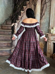 Lyrianda Plus Size Women's Contrast Lace Off-Shoulder Plaid Dress - Multicolor - View 2