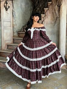 Lyrianda Plus Size Women's Contrast Lace Off-Shoulder Plaid Dress - Multicolor - View 6