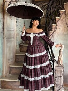Lyrianda Plus Size Women's Contrast Lace Off-Shoulder Plaid Dress - Multicolor - View 3