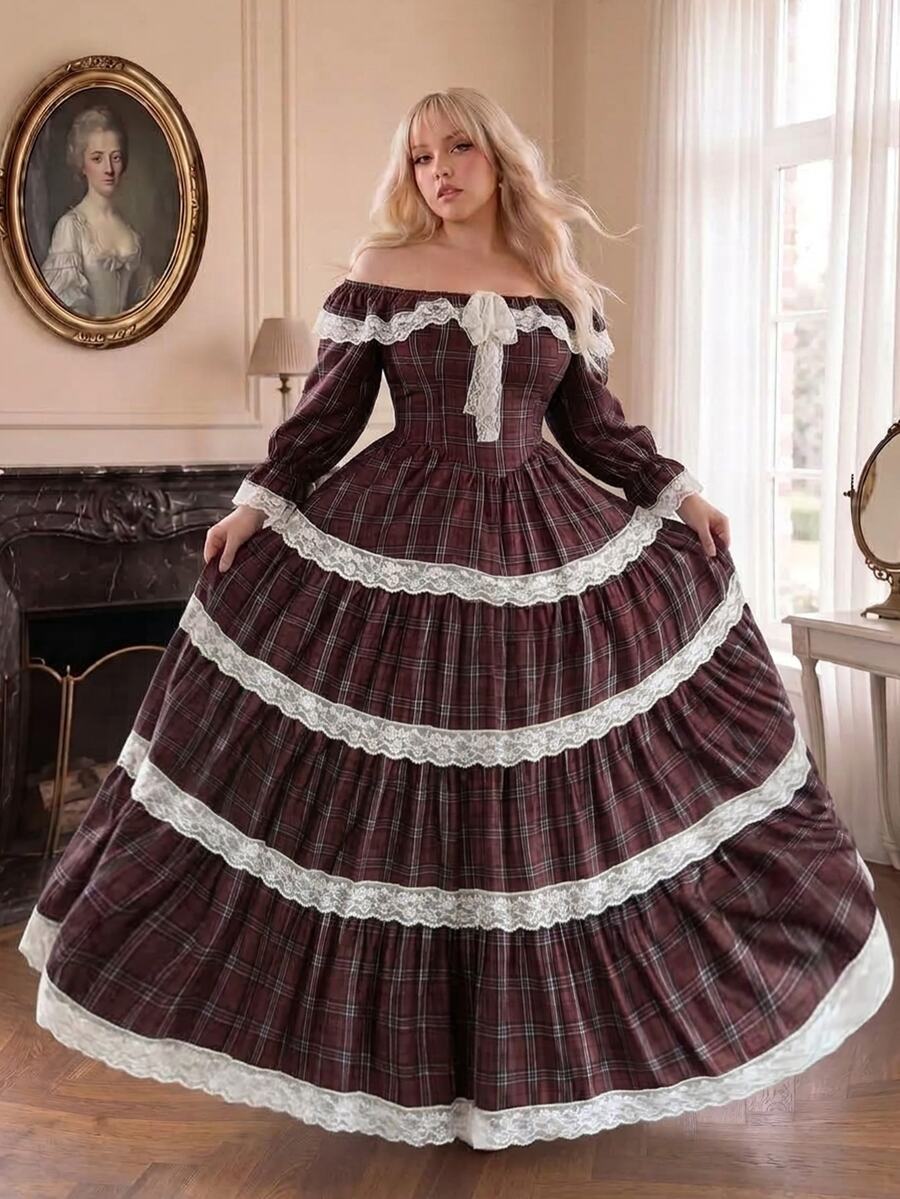 Lyrianda Plus Size Women's Contrast Lace Off-Shoulder Plaid Dress - Multicolor - View 1