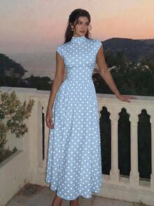 SHEIN MOD Women's Polka Dot High Neck Long Knit Dress - Blue - View 2