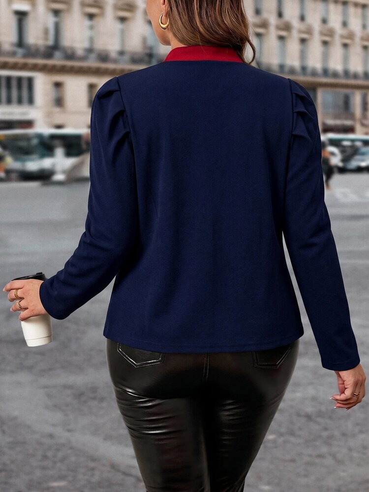 SHEIN Clasi جاكيت نسائي بمقاس كبير من قماش يشبه التويد مع ديكور أزرار معدنية، أنيق وعملي متعدد الاستخدامات للشارع والأعمال والتنقل في فصل الخريف - أزرق بحري - مشاهدة 2