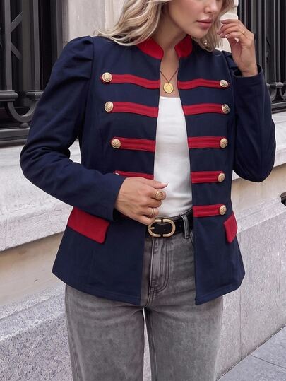 SHEIN Clasi Chaqueta de tela tipo tweed para mujer de talla grande con decoración de botones metálicos, elegante, casual y versátil para la calle, negocios y desplazamientos en otoño