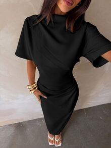 Aloruh New Solid Color Versatile Elegant Intellectual Minimalist Office Commute Waist-Cinching Ruched Decor Loose Top Fitted Hip Short Sleeve Dress Navy Blue - Black - View 4