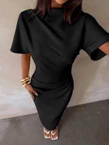 Aloruh New Solid Color Versatile Elegant Intellectual Minimalist Office Commute Waist-Cinching Ruched Decor Loose Top Fitted Hip Short Sleeve Dress Navy Blue - Black - View 7