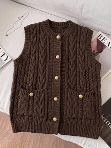 SHEIN Clasi Women's Cable Knit Single-Breasted Casual Vest, Simple And Elegant - Brown - View 2