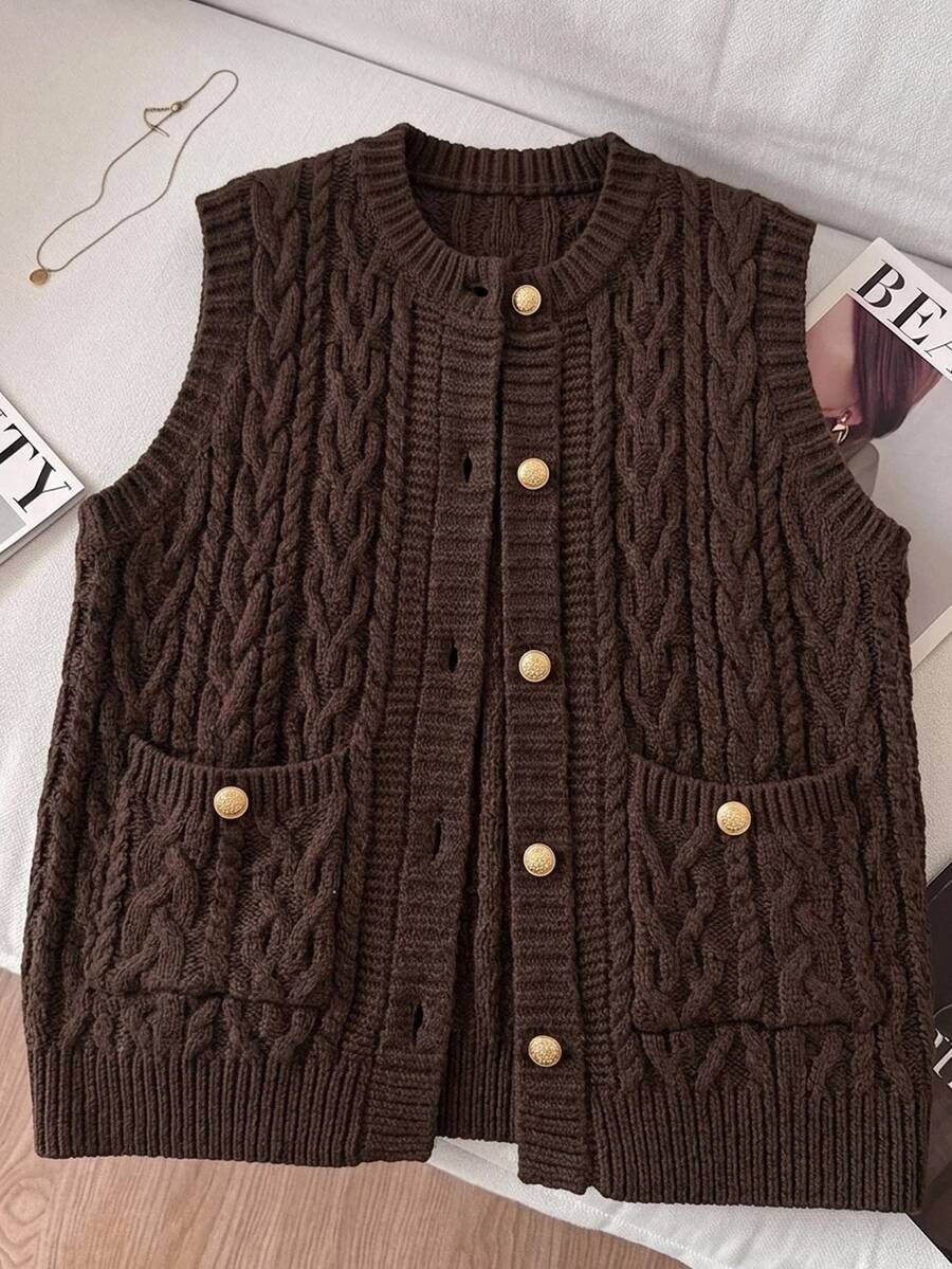SHEIN Clasi Women's Cable Knit Single-Breasted Casual Vest, Simple And Elegant - Brown - View 1