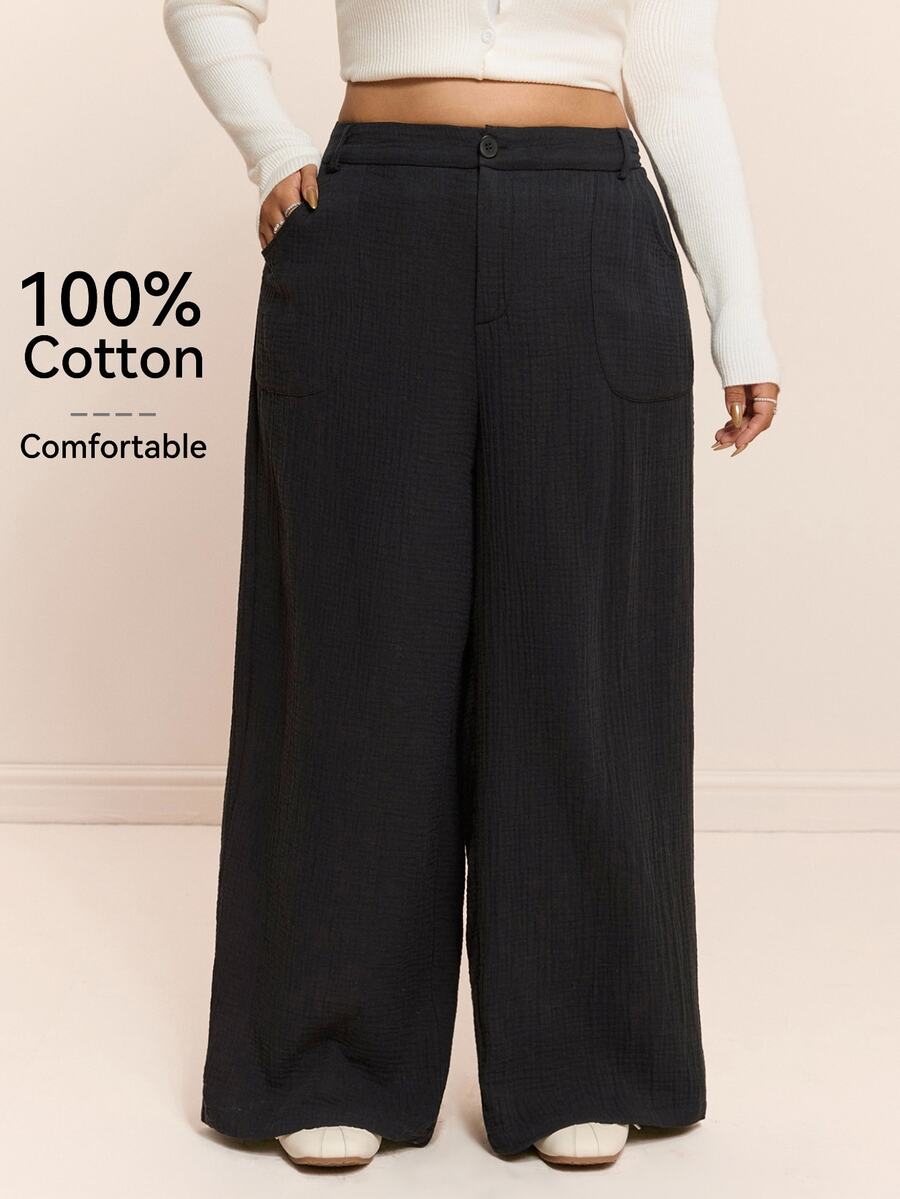CovetEZ Autumn/Winter Solid Color Pure Cotton Casual Plus Size Pants Fall - Black - View 1