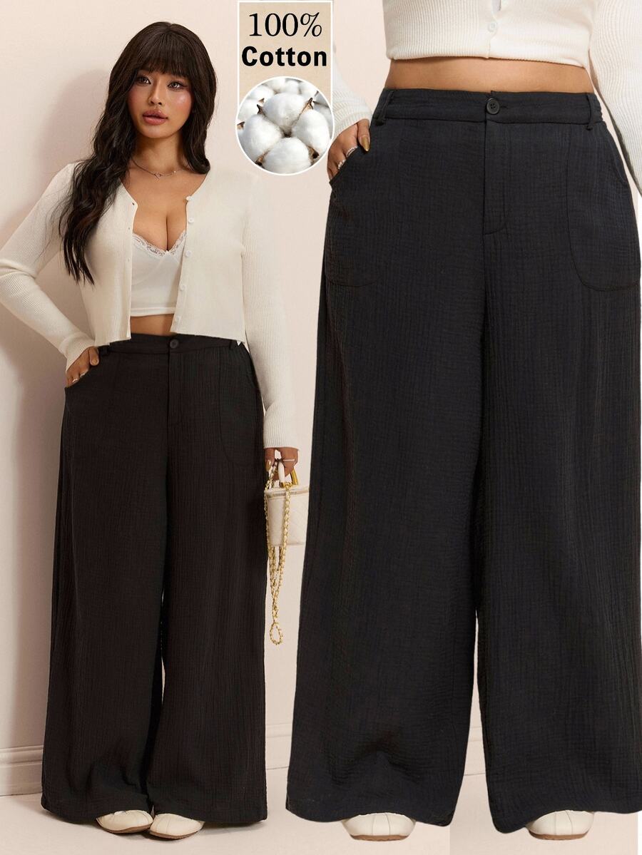 CovetEZ Autumn/Winter Solid Color Pure Cotton Casual Plus Size Pants Fall - Black - View 1