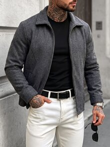 Manfinity Homme Men's Solid Color Casual Overcoat With Pocket Design, Suitable For Daily Commute Wear, Also An Ideal Gift For Boyfriend And Husband - Dark Grey - View 1